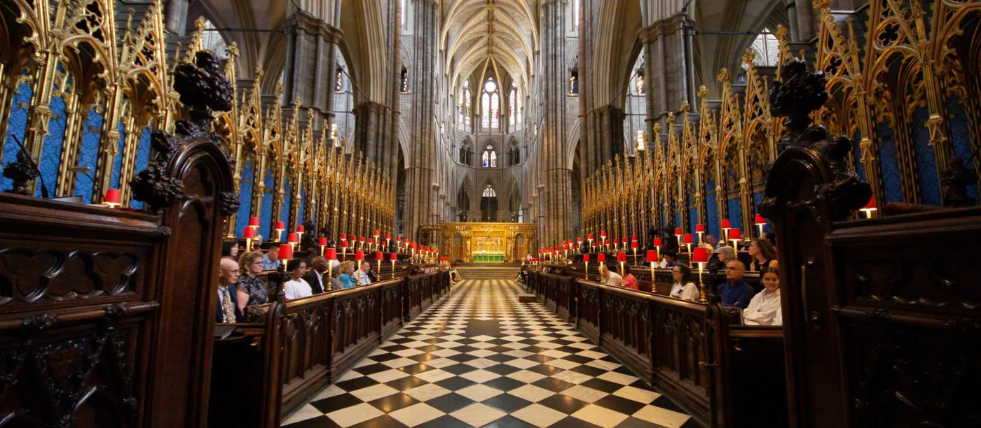 The Quire - black and white floor with sets of stalls either side of the walkway