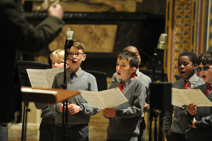 Choristers being recorded in the nave of Westminster Abbey